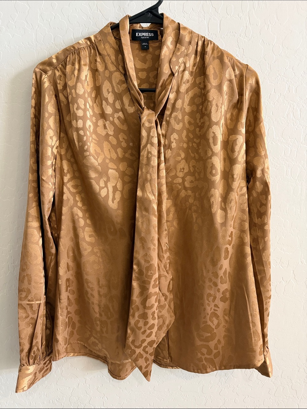Express Satin Tie-Neck Blouse in Warm Camel size medium